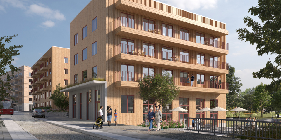 Kvarter A sett norrut längs Bjursätragatan med lokal i bottenvåning och uteplats i Rågdalen. Illustration: Brunnberg och Forshed.